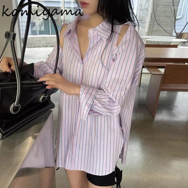 Женские блузки от плеча с длинным рукавом Blusas Mujer Stripe Рубашки свободные повседневные Camisas Spring 2024 Tops Выключите воротник Ropa