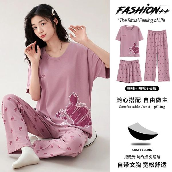 Home Clothing M-2xl 3pcs/Set Baumwollhosen Sets Frühlings Sommer-Frauen-T-Shirt-Shorts Pajamas Hosen bequem gepolsterte BH-Nachtwäsche