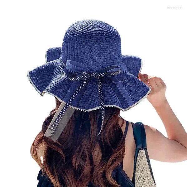 Geniş Memlu Şapkalar Yaz Güneş Şapkası Kadınlar için Plaj Düz Top Şerit Bowknot Zarif Lüks Saman