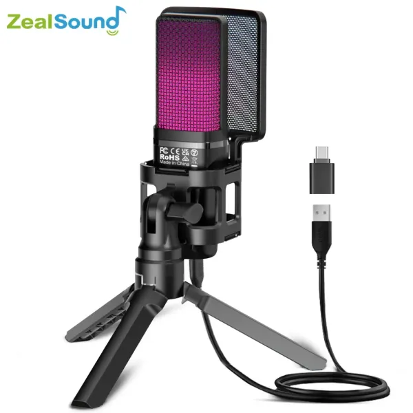 Mikrofone ZealSound RGB USB Gaming -Kondensatormikrofon für PC PS4 PS5 MAC mit Popfilter und Kopfhörerausgabe, MIC für Laptop/Computer