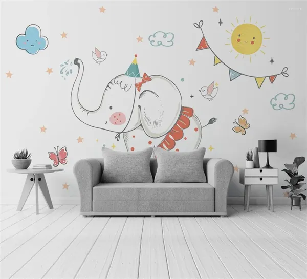 Papéis de parede personalizados desenho animado fantasia em nuvem branca elefante bebê para sala de estar em papel de parede decoração de papel de parede de parede