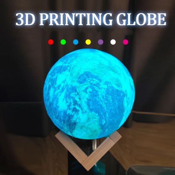 Globe 3D Imprimir mapa mundial do Globo Terra com Stand 16 Color Lights Home Office Desktop Decor Geografia Educacional Toy Bussiness Presente