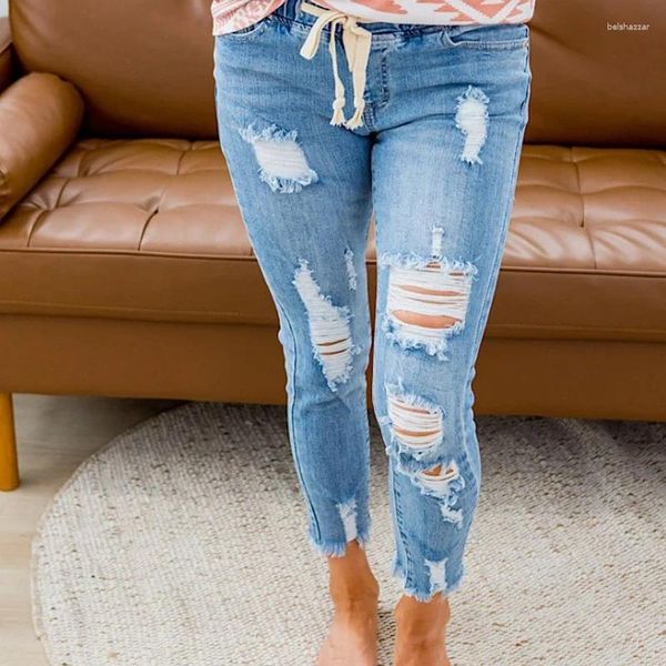 Die Jeans für Frauen riss die elastische Taille locker mit mittlerer vielseitiger Harem Frühling und Sommer dünne Neun-Punkte-Hosen hellblau