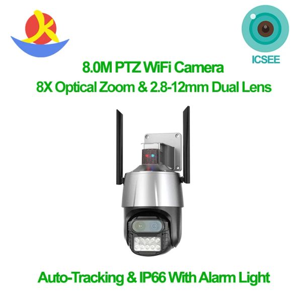 Kameralar Icsee Çift Lens Kablosuz 8MP 8X Dijital Zoom Su Geçirmez Webcam Otomatik İzleme Güvenlik Kubbesi WiFi PTZ Kamera 4K Alarm Işığı ile