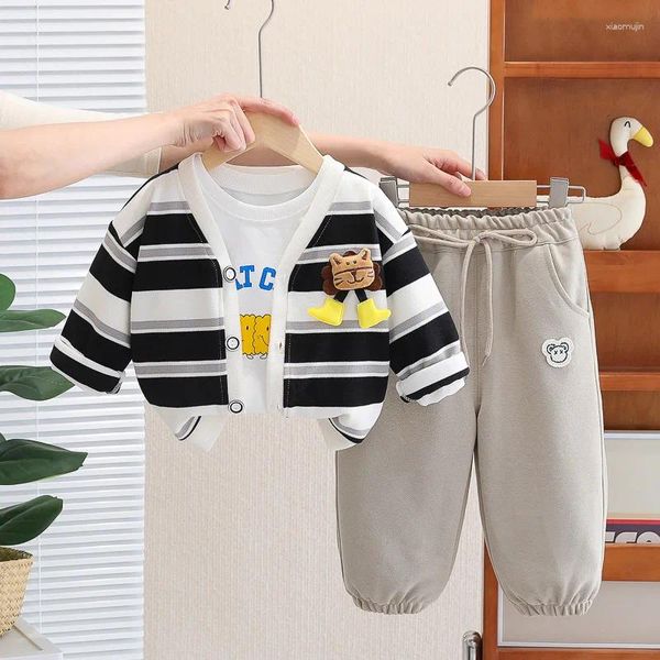 Kleidungsstücke Kindersets Set 2024 Frühlingsbabykleidung 1-5T gestreifte Cartoon Löwe Strickjacke Schichten Weiß T-Shirts Hosen Jungen Outfit