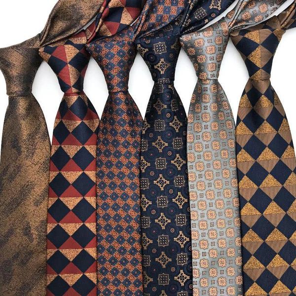 Bow Ties Lüks 8cm Mens Tie Kravat Ekose Kontroller Man Damat Kahverengi Renk Jacquard Dokuma Ascot Resmi İş Partisi Aksesuarları