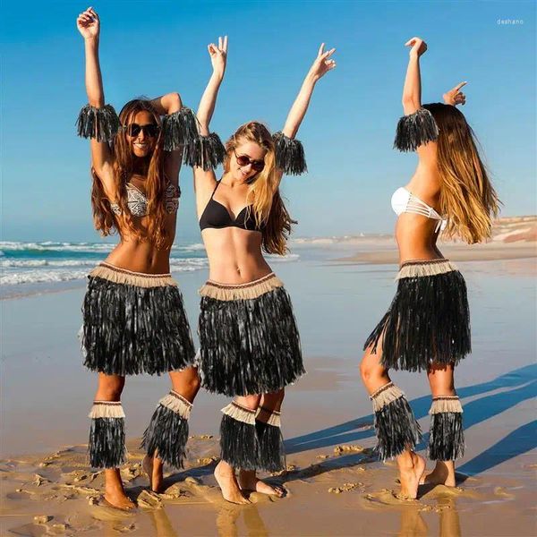 Parti Dekorasyonu 1 Set Hawaii Kıyafet Hula Etek Kadınlar Kol Bacak Bantları Luau Çim Süslemeleri (Siyah)