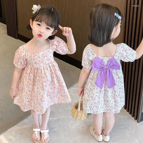 Mädchenkleider 2-6 Jahre Mädchen Sommerplatz Halsband Kinder Süßes Bow-Tie Blumendruck Laternenhülle Prinzessin süßes Kleid