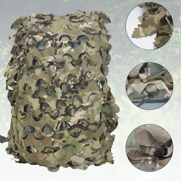 Çantalar 3D Camo Net Sırt Çantası Kapağı 60L 80L Lazer Kesim Kamuflaj Avcılığı Sırt Çantası Kapak Paintball Paraşütle Outdooper Açık Av Aksesuarları