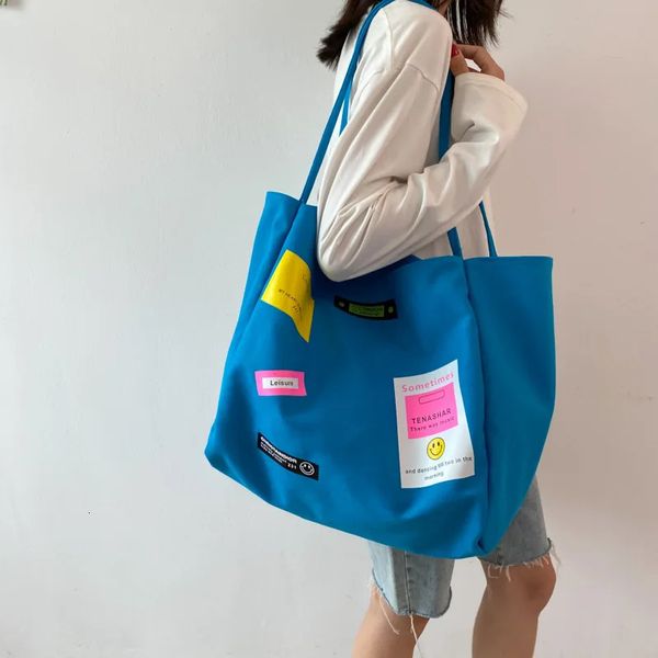 2023 Candy Color Large Tela for Women Cotton Bag Big Shopping Shopping Pink Supermarket Eco Grocery Spalla 240329