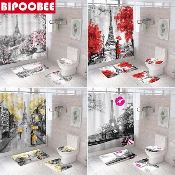 Tende da doccia Eiffel Tower Lover Amante 3D Candia da bagno Set di scenari artistici con ganci tappeti per la copertina del bagno in bagno