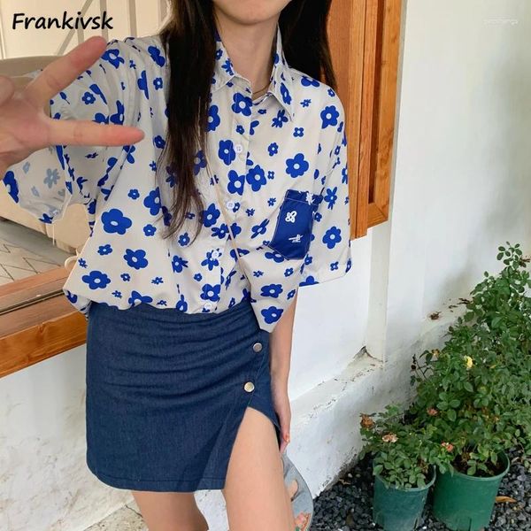 Frauenblusen blaue Blumenhemden für Frauen Sommer Lose Ulzzang Beach Stil halb Ärmel All-Match Streetwear Holiday Clothing College