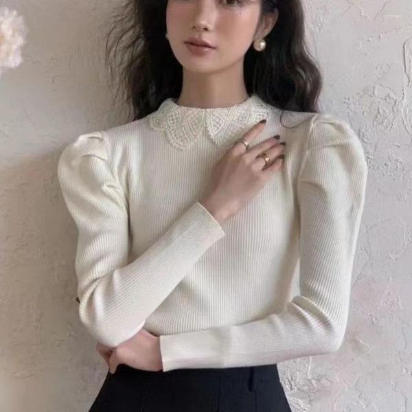 Kadın Sweaters Fransız Dantel Bebek Tasarımı Üst Slim Fit Bubble Düğme Örgü Taban Sonbahar ve Kış Kazak Elegance Bluuses