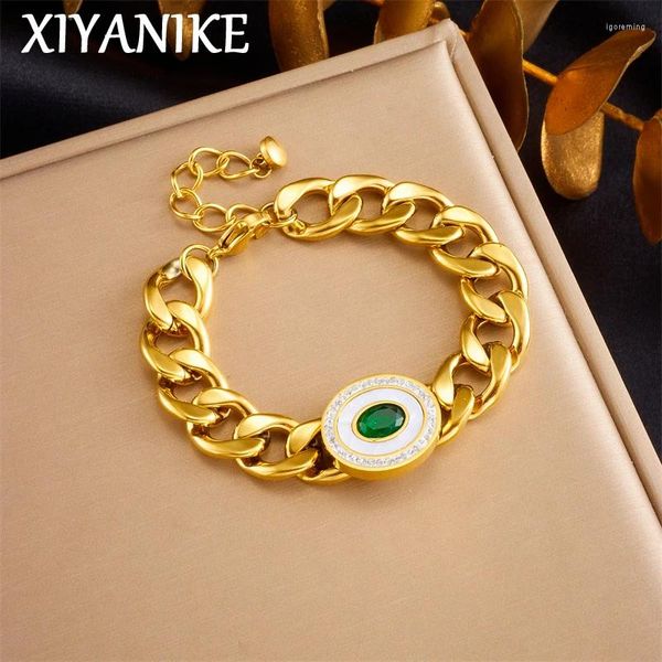 Link -Bänder Xiyanike 316L Edelstahl Luxus grünes Zirkonarmband für Frauen Mode Goldfarbe Kette Barm Schmuck Urlaub