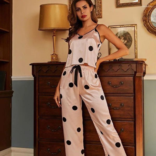 Roupa em casa Cetina de duas peças SPAGHETTI Strap mulheres pijamas de pijamas sem mangas roupas de noite de pescoço vil de verão Slingpants