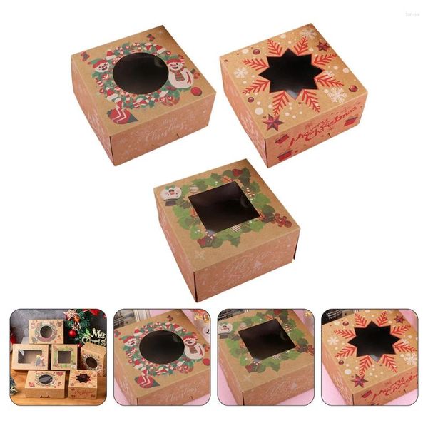 Retire os recipientes 3 PCs Caixa de papel de janela de natal Supplies Baking Bolo Stand Candy Container Kraft