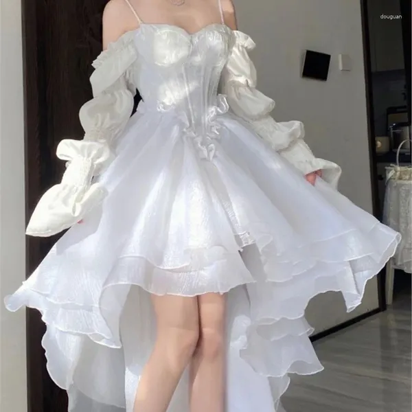 Sıradan elbiseler bahar zarif beyaz kapalı omuz peri elbise şık prenses puf örgü düğün partisi