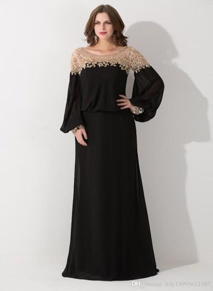 Neue Long -Sleeve -Pailletten -Chiffon -formale Partykleider Vestido de Festa Black Lose Scoop Neck Dubai Kaftan Abendkleider 5545621