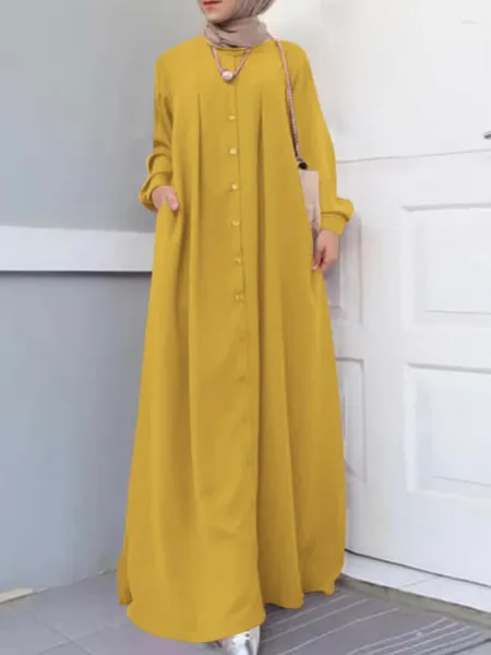 Roupas étnicas 5xl Muslim Long Dress Women Manuve Buttons Sundress Hijab vintage Plus Tamanho Casual Islâmico Caftan Robe