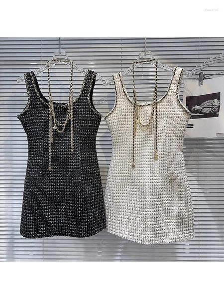 Vestidos casuais high street est 2024 designer moda moda feminina colar de metal vestido tweed