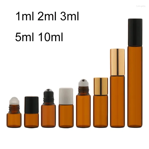 Garrafas de armazenamento 10pcs âmbar rolo de vidro fino em garrafa com recipientes de desodorantes de perfume de bola de metal para viajar 1/2/3/5/10ml