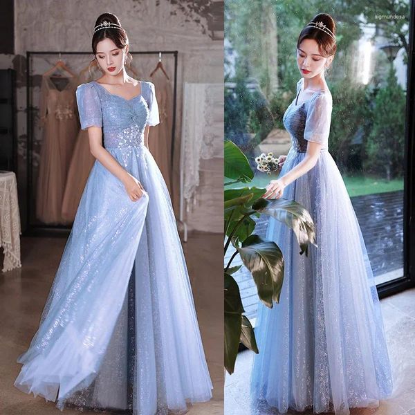 Vestidos de festa são as lantejoulas de decote em V Yiiya TULLE TULLE LIMPO ALTULHO AZUL ALTULA ALINE ANAS LIVRAS CURTAS LIGADAS UP MULHER FORMAL MULHER A2822