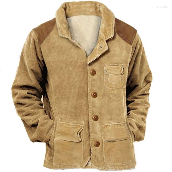 Jackets masculinos da primavera de inverno Casaco de jaqueta casual moda machos machos roupas de lã vintage blazer colarinho de lapela de comprimento médio com vários bolsos