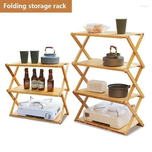 Móveis de acampamento de 2 a 5 andares de camping ao ar livre Bamboo quadro portátil Rack de armazenamento dobrável com capacidade de carga de produtos de 5 kg