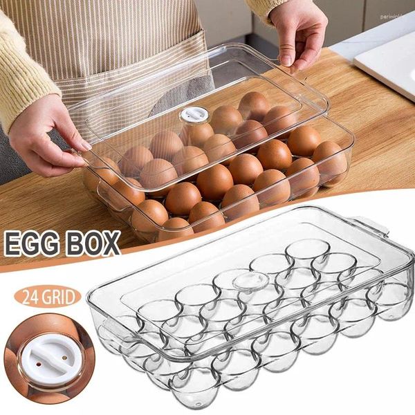 Garrafas de armazenamento 24 suportes cobertos de ovos para o geladeira Distribuidor de bandeja de bandeja de ovos de plástico empilhável Recipientes