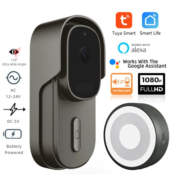 Campainha de campainha tuya videoebell wi -fi sem fio porta sino dc act bateria de 1080p 2mp à prova d'água com câmera de chamada Alexa Câmera Smart Home