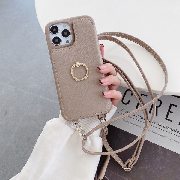 Adatto per iPhone14 Pro Phone Custodia iPhone13 Lychee Stampa due pieghe con anello con anello con fibbia Mirror Oblique Rope Leather Case