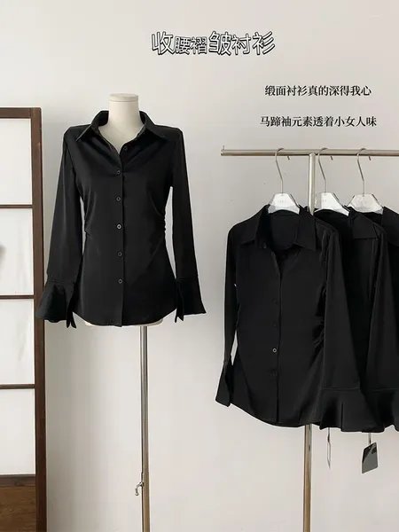 Женские блузки винтажные атласные простые половые вырезы Черный кот