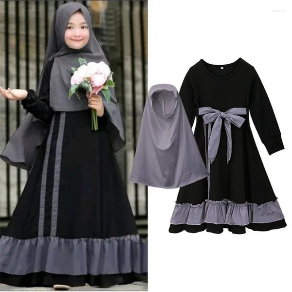 Ethnische Kleidung Muslim Abaya 2 Stück Set Girls Ramadan Gebetskleid Hijab Abayas Arabische Kinder Lange Robe mit Kopftuch islamisch schwarzer Kaftan