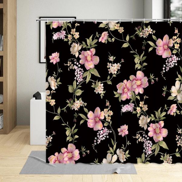 Cortinas de chuveiro Cortina de flor vermelha floral preto planta tropical folha fundo padrão decoração de banheiro