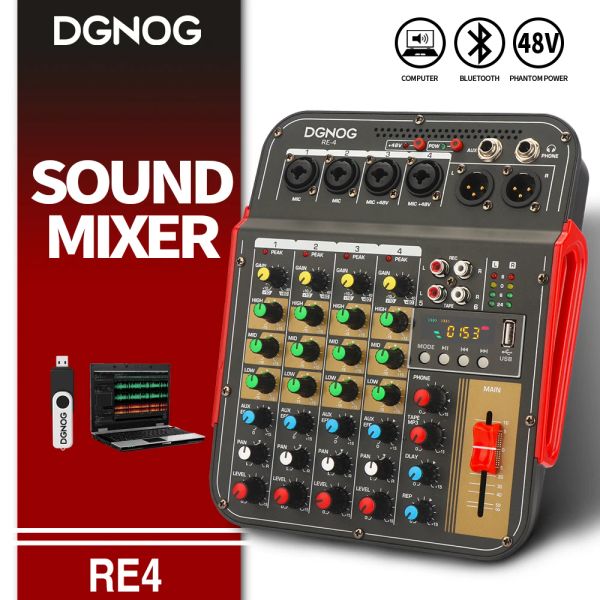 Accessoires Re4 4Channel Sound Mixer Aux Effec Konsole DJ Mischen 48 -V -Phantom -Power -Bluetooth -USB -REC mit XLR -Ausgangs -Audio -Mixer DGNOG