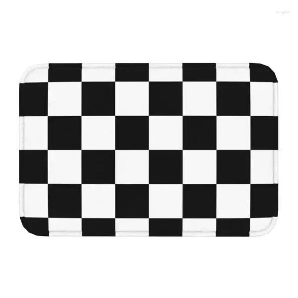 Tapetes de tapete de xadrez preto e branco Padrão da porta frontal Anti-eliminamento geométrico do piso de torto geométrico Tapete de entrada de banheiro