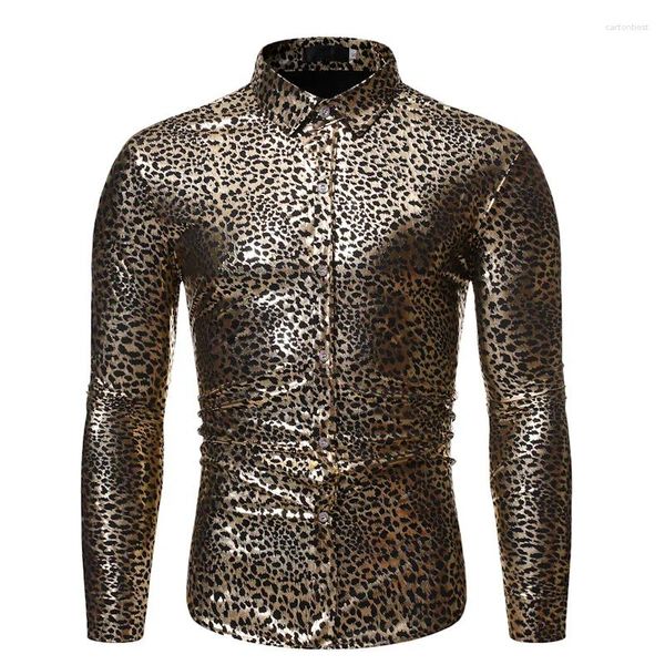 Camisas casuais masculinas Mens boates de boate Down Down Dress Chemise Homme 2024 Fashion Gold Leopard Print Shirt Men Dance Wedding noivo