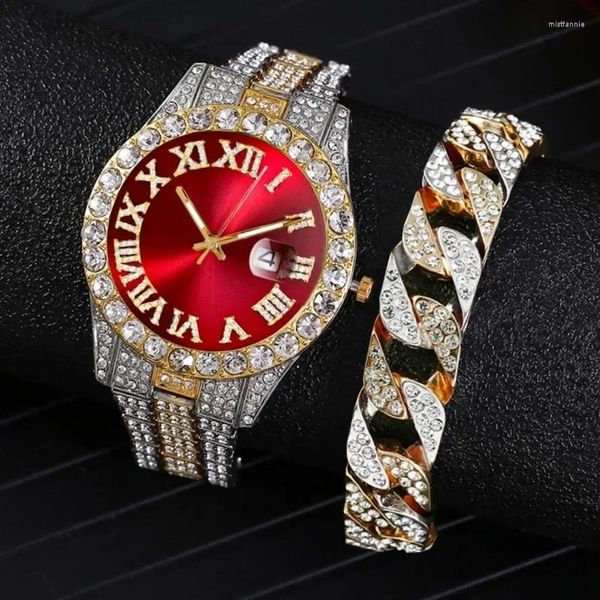 Relógios de pulso Water Ghost Diamond Set Men's Watch Roman Scale Calendar Hip Hop Gold Green Full Full