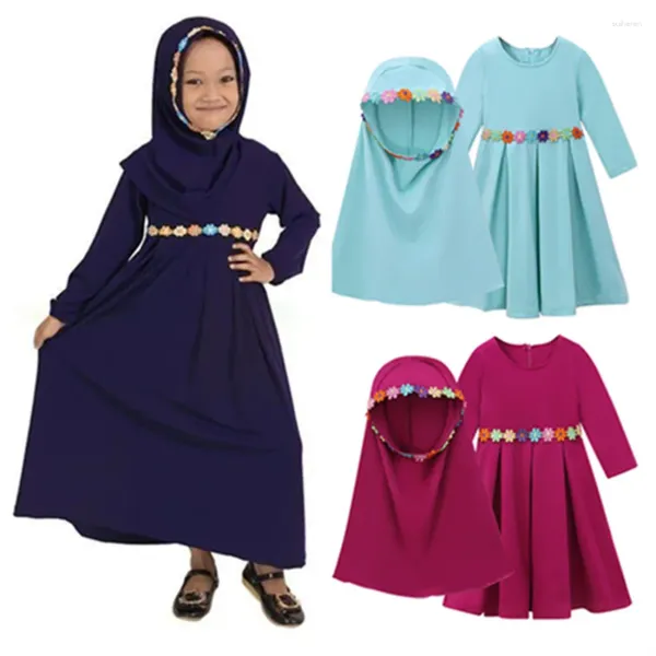 Ethnische Kleidung 2 Stück Hijab Set Islamische Kleider für Kinder Blumendekor Ramadan Abaya Mädchen Outfits Kinder Eid Gebetskleidung Marokkaner