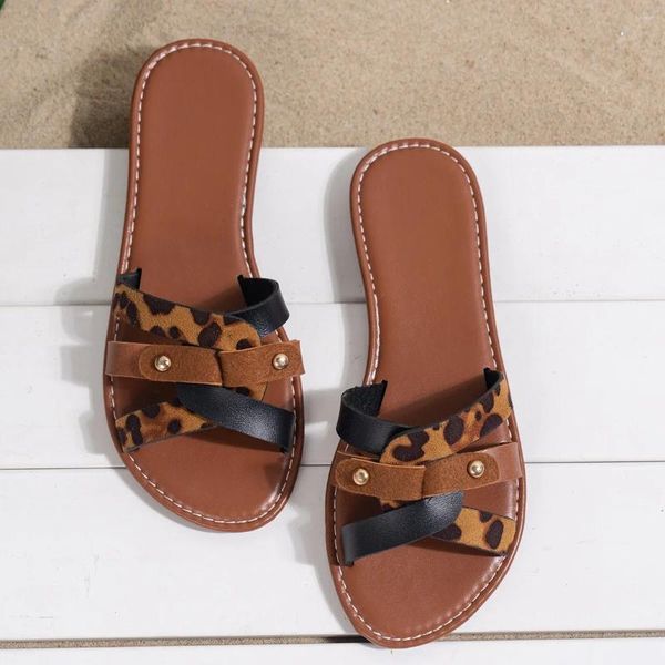 Hausschuhe Leopard Damen Slipper Falts Kristall Sommer Bling Flat Heel Komfort Sandalen für Frauen Freizeit Einkaufsfeier im Freien im Freien Flip Flops