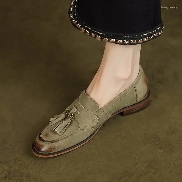 Lässige Schuhe Basis -Slipper mit flachen Fersen -Retro -Stil Frauen Flats Frühling Herbst Slip auf Schaffell echtes Leder -Vintage Runde Zeh