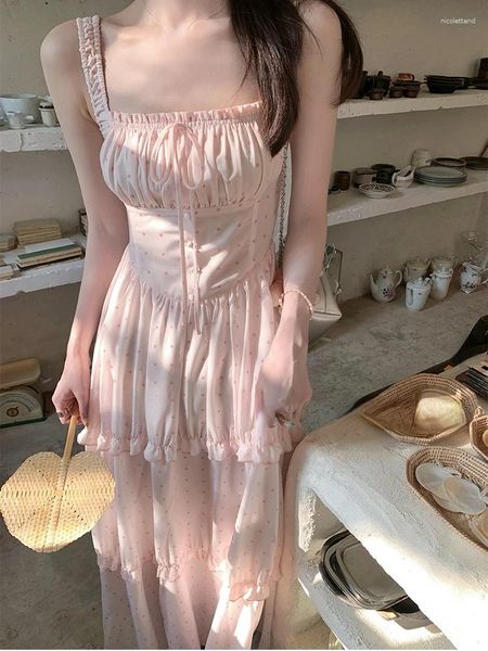 Vestidos casuais 2024 Summer Mulher Sweet Pink Dot Y2K Midi Dress Casaul Sleeseless Fashion Party Outwear One Piece Korean Chic