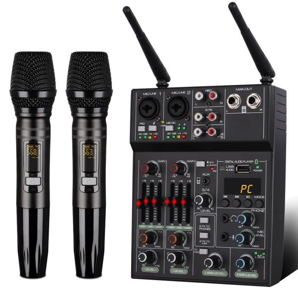 Microfones 4 canais Mixer de áudio Profissional UHF Wireless Microfone System Desempenho do estágio de karaokê Microfones Mixer de som Phantom Power