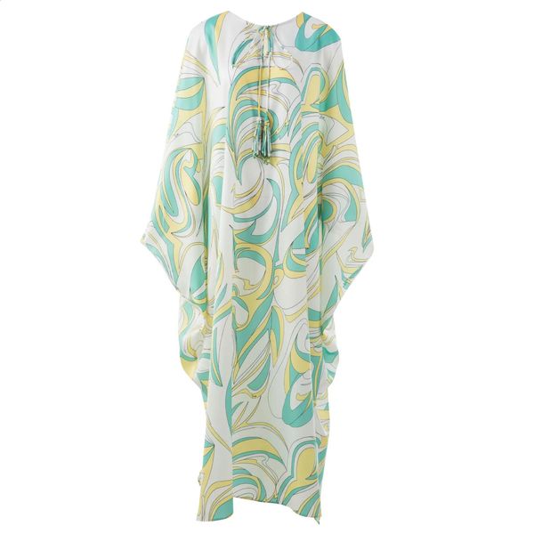 Стильное дизайнерское вдохновляющее женщины высококачественное шелковое платье Kaftan Print Maxi в зеленом богемном шик для пляжных каникул 2023 240323