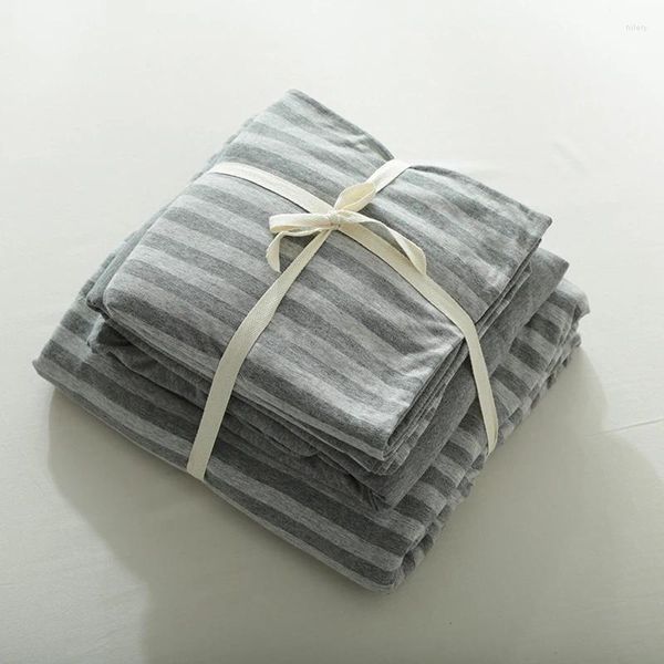 Set di biancheria da letto 4 pezzi di cotone in cotone grigio a strisce grigio copertura set maglia super morbida a maglia con tela grigia in tela in gomma intorno