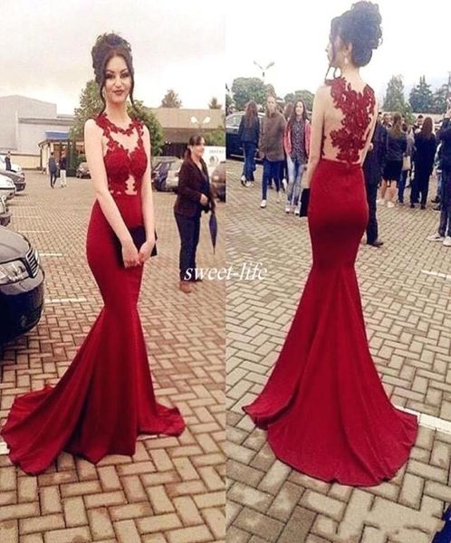 Red Mermaid Prom Kleider Lange 2019 aufsehen durch bloße Spitzenhülsen und Partykleider Arabisch Dubai Abendkleid Vestido de Festa6276618