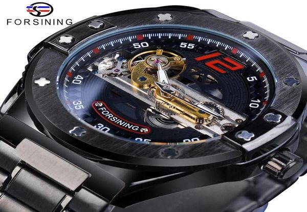 FORINING TRALARENT AUTOMATISCHE MÄNNER WATCH GOLDEN BRINDING MECHANISCHE SCHWARZE DIE Skelett -Stahl -Skelett -Uhren Relogio Maskulino271712719 beobachten