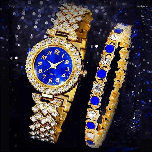 Armbanduhrenbeobachter Frauen Quarz Uhr Blaues Zifferblatt Marken Design Frauen Frauen Stahlarmband Luxus -Mode -Set mit Diamanten