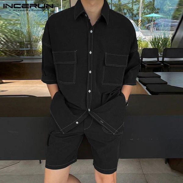 Tute da uomo in incerun 2024 set in stile coreano linea di giunzione design a maniche corte a maniche corte a maniche cortometraggi casual streetwear maschio due pezzi S-5xl