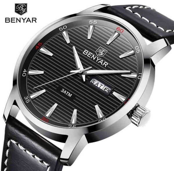 Men039s semplice Black Benyar produce una pelle di calendario di quarzo militare da uomo 039 sport orologio da maschio a prova di dmilitare water8345789